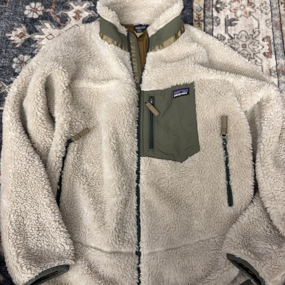 Patagonia Kids' Retro-X Deep Pile Fleece Jacket Oatmeal Olive Green XL (14) RARE